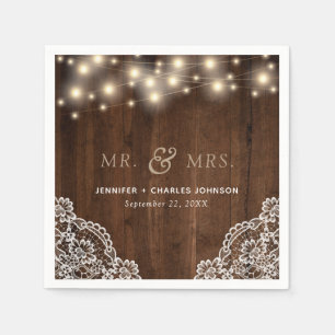 Rustic Wood String Lights Lace Wedding Napkin