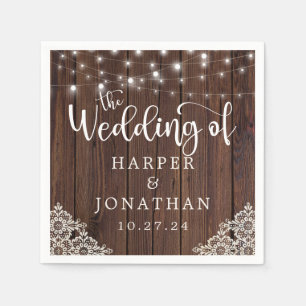 Rustic Wood String Lights Lace Wedding Napkin