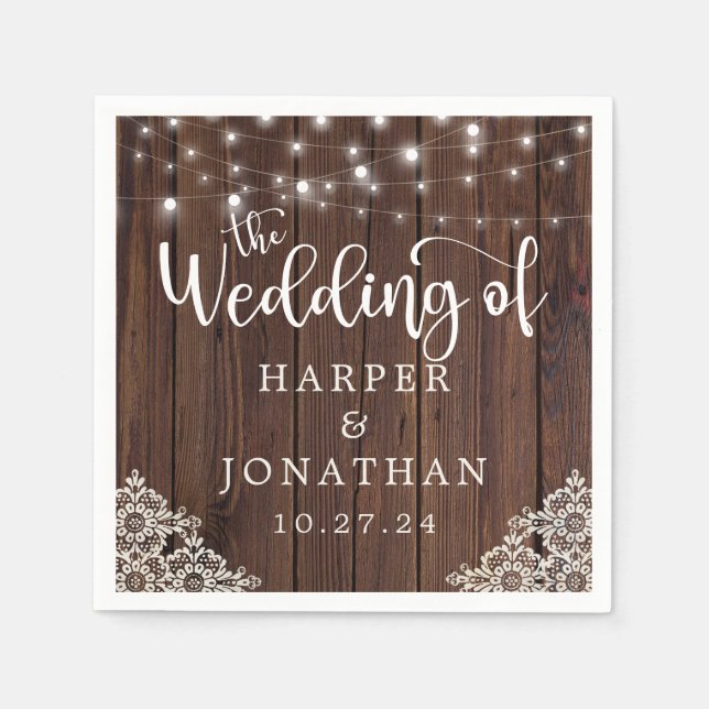 Rustic Wood String Lights Lace Wedding Napkin (Front)