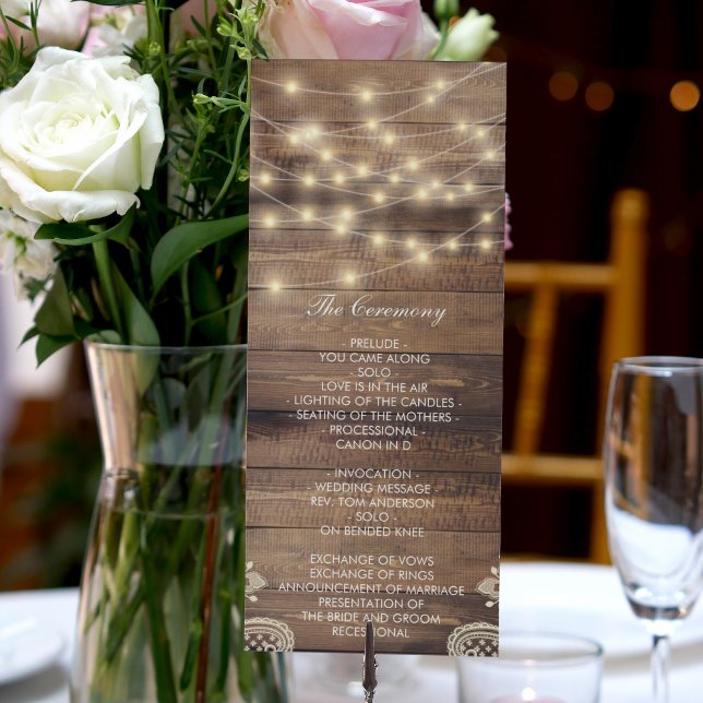 Rustic Wood & String Lights | Lace Wedding Program Programme (Rustic Wood & String Lights | Lace Wedding Program)