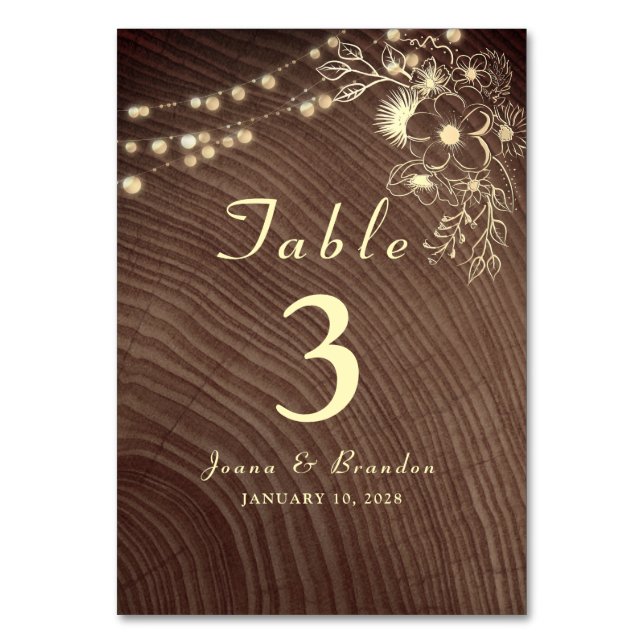 Rustic Wood String Lights Lace Wedding Table Number (Front)
