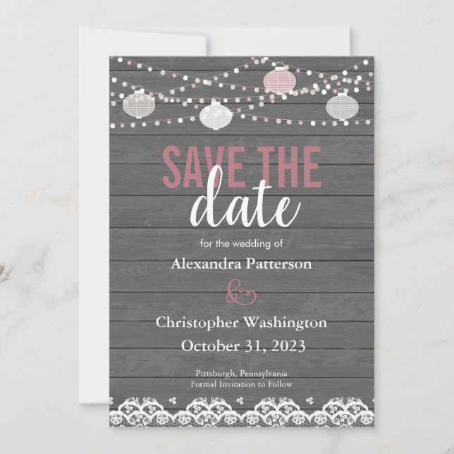 Rustic Wood & String Lights/Lanterns Save the Date Invitation (Front)