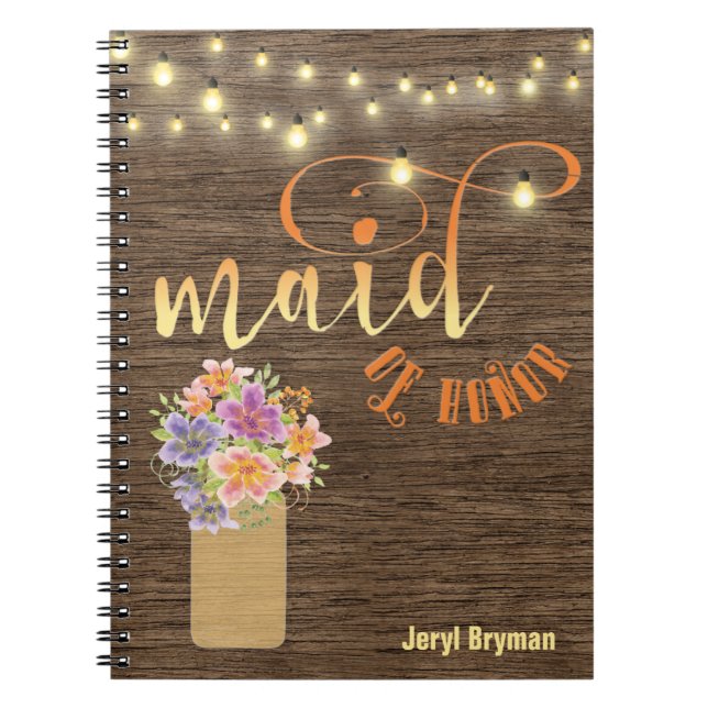 Rustic Wood String Lights “Maid-of-Honour” Spiral Notebook (Front)