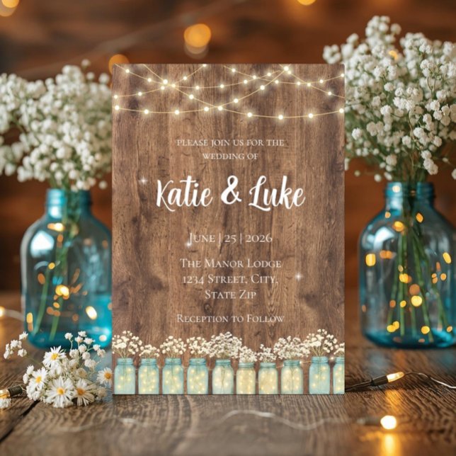 Rustic Wood String Lights Mason Jar Babys Breath Invitation (Rustic wood wedding invite with string lights, mason jars, and baby's breath.)