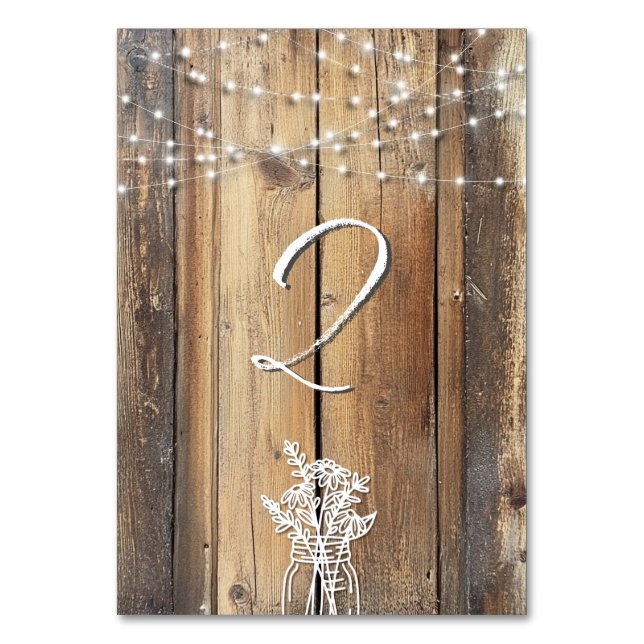 Rustic Wood String Lights Mason Jar Elegant Favour Table Number (Front)