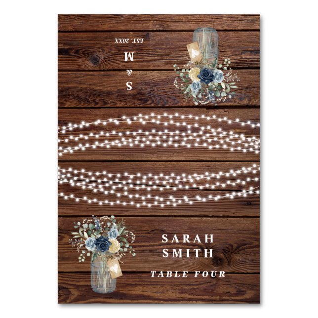 Rustic Wood String Lights Mason Jar Place Cards (Front)