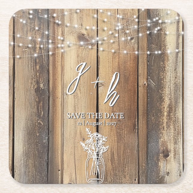 Rustic Wood String Lights Mason Jar Save the Dates Square Paper Coaster (Front)