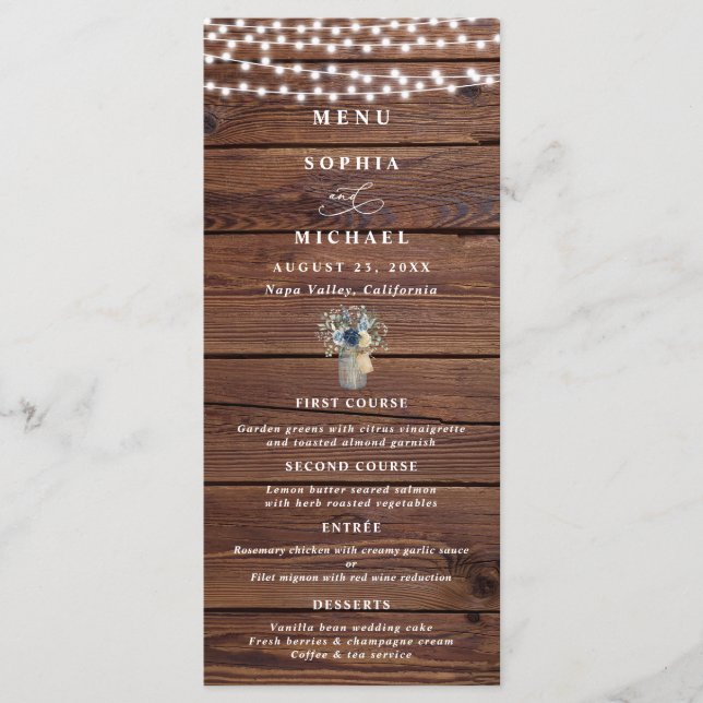 Rustic Wood String Lights Mason Jar Wedding Menu (Front)