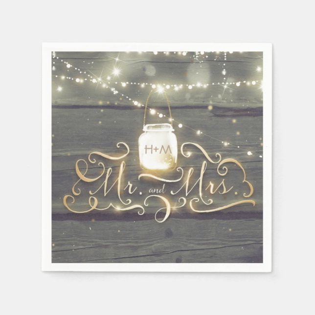 Rustic Wood String Lights Mason Jar Wedding Napkin (Front)