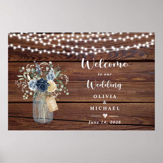 Rustic Wood String Lights Mason Jar Welcome Poster (Front)