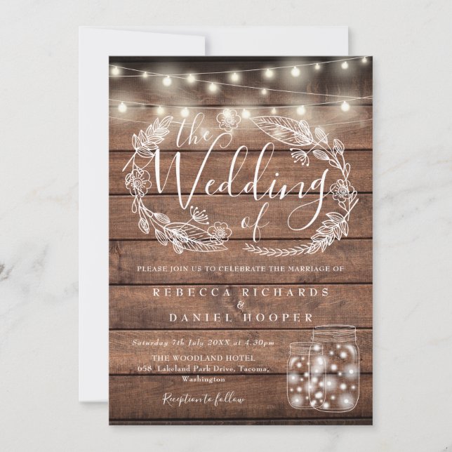 Rustic Wood String Lights Mason Jars Wedding Invitation (Front)