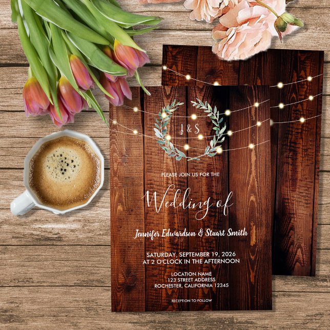 Rustic wood string lights monogram country Wedding Invitation (Rustic wood string lights monogram country Wedding Invitation. For your rustic country wedding.)