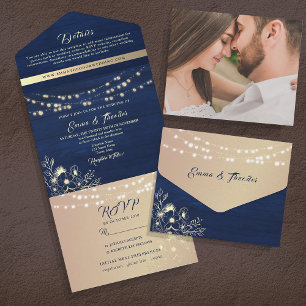 Rustic Wood String Lights Navy Blue Wedding All In One Invitation