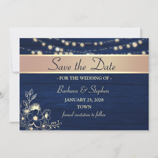 Rustic Wood String Lights Navy Blue Wedding Save The Date (Front)