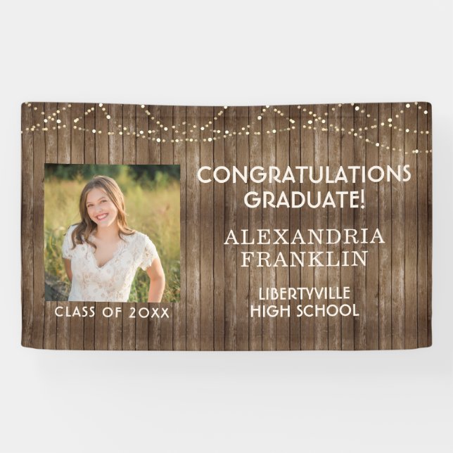 Rustic Wood | String Lights | Photo Graduation Banner (Horizontal)