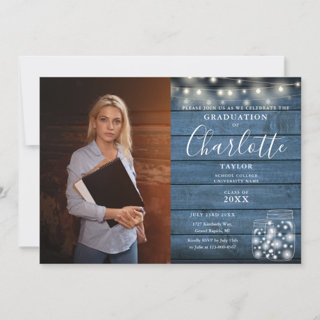 Rustic Wood String Lights Photo Graduation Party Invitation (Front)