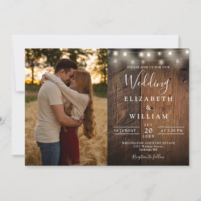 Rustic Wood String Lights Photo QR code Wedding Invitation (Front)