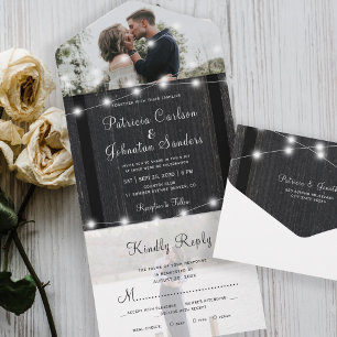 Rustic wood string lights photo rsvp wedding all in one invitation