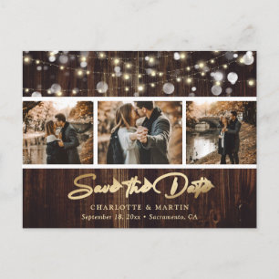 Rustic Wood String Lights Photo Save The Date Announcement Postcard