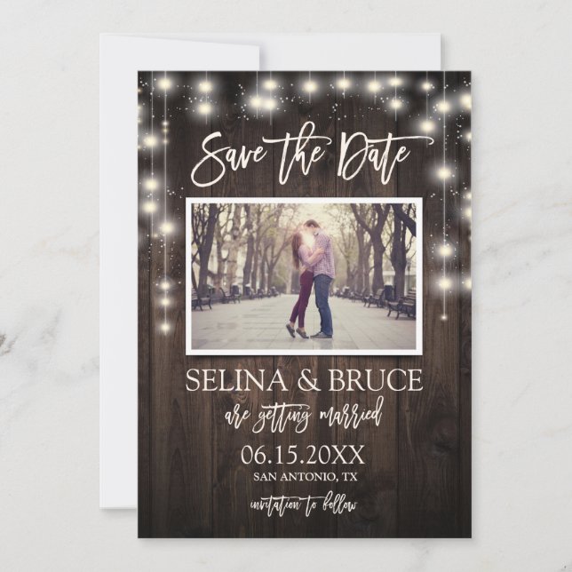 Rustic Wood String Lights Photo Save the Date Card (Front)