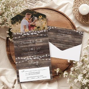 Rustic Wood String Lights Photo With RSVP Wedding All In One Invitation