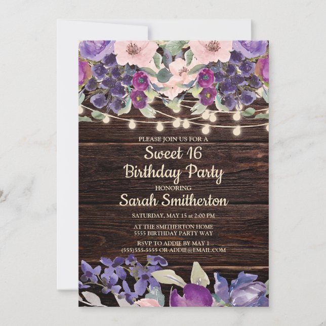 Rustic Wood String Lights Purple Floral Sweet 16 Invitation (Front)