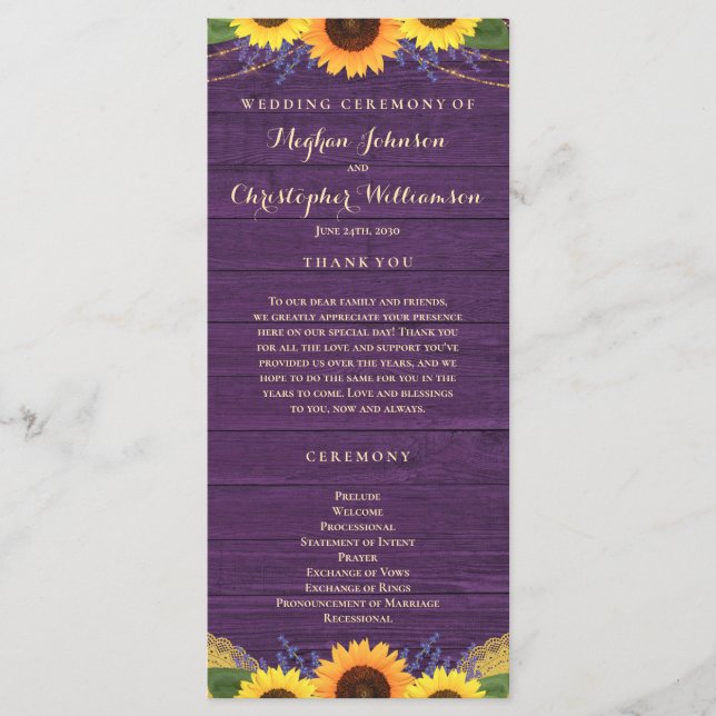 Rustic Wood String Lights Purple Sunflower Wedding Programme (Front)