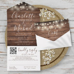 Rustic Wood String Lights QR Code Wedding  All In One Invitation<br><div class="desc">All in one wedding invitation with pretty string lights,  signature style names and chic typography on a rustic wood background. The invitation includes a perforated RSVP card with your wedding website QR code and details. Designed by Thisisnotme©</div>