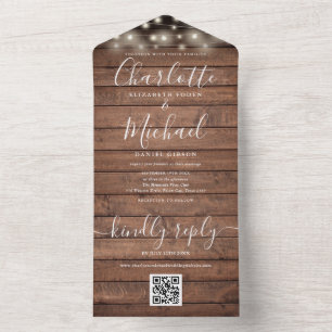 Rustic Wood String Lights QR Code Wedding  All In One Invitation
