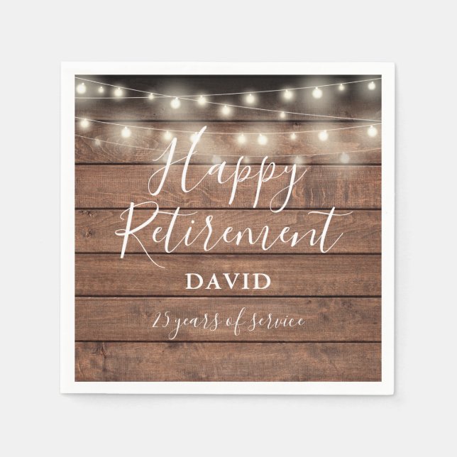 Rustic Wood String Lights Retirement Party Napkin (Front)
