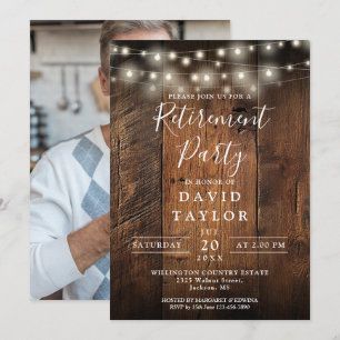Rustic Wood String Lights Retirement Party Photo Invitation
