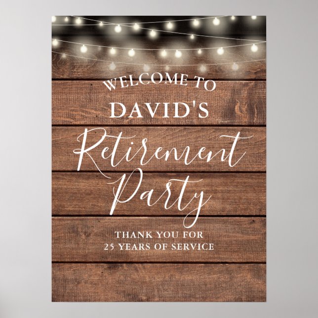 Rustic Wood String Lights Retirement Party Poster (Front)