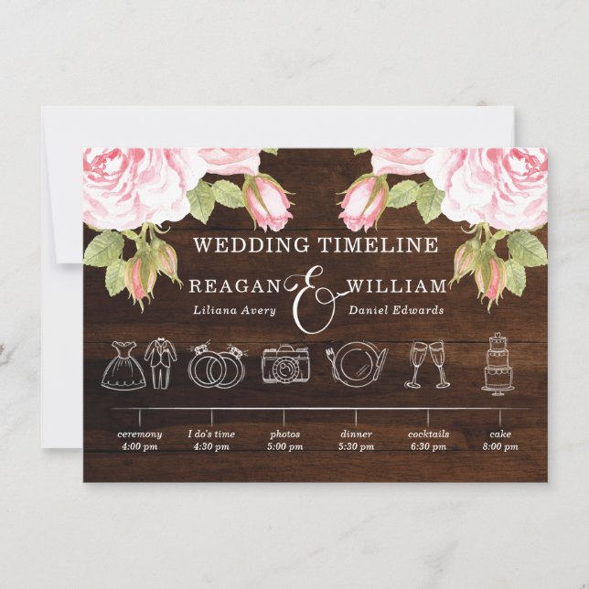 Rustic Wood String Lights Roses Wedding Timeline (Front)