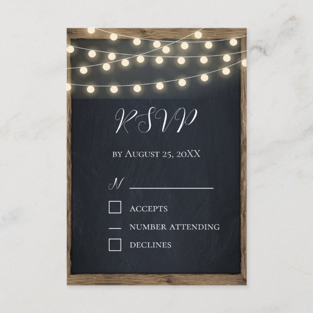 Rustic Wood & String Lights RSVP Card | Barn (Front)