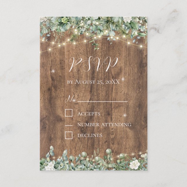 Rustic Wood & String Lights RSVP Card | Barn (Front)