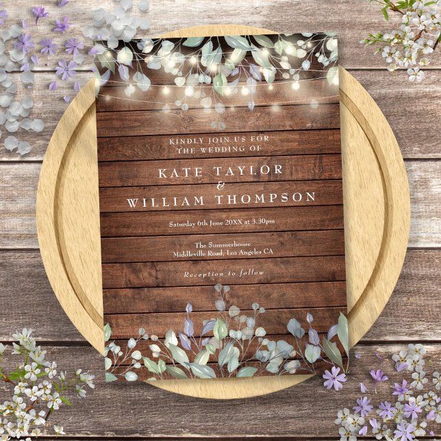 Rustic Wood String Lights Sage Lilac Wedding  Invitation (Rustic Wood String Lights Sage Lilac Wedding Invitation)