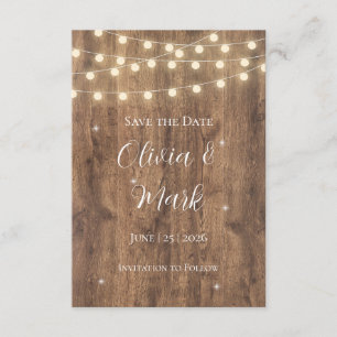 Rustic Wood & String Lights Save the Date   Barn Enclosure Card