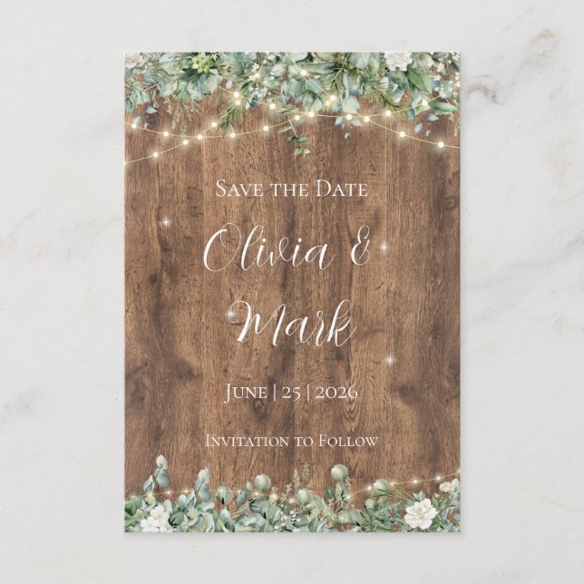 Rustic Wood & String Lights Save the Date | Barn Enclosure Card (Front)