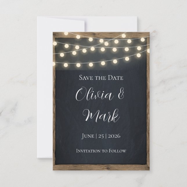 Rustic Wood & String Lights Save the Date | Barn RSVP Card (Front)
