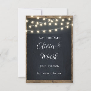 Rustic Wood & String Lights Save the Date   Barn RSVP Card