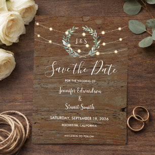 Rustic wood string lights Save the Date Magnetic Invitation
