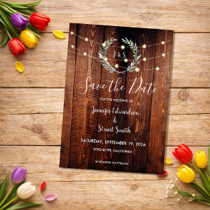 Rustic wood string lights Save the Date Magnetic Invitation
