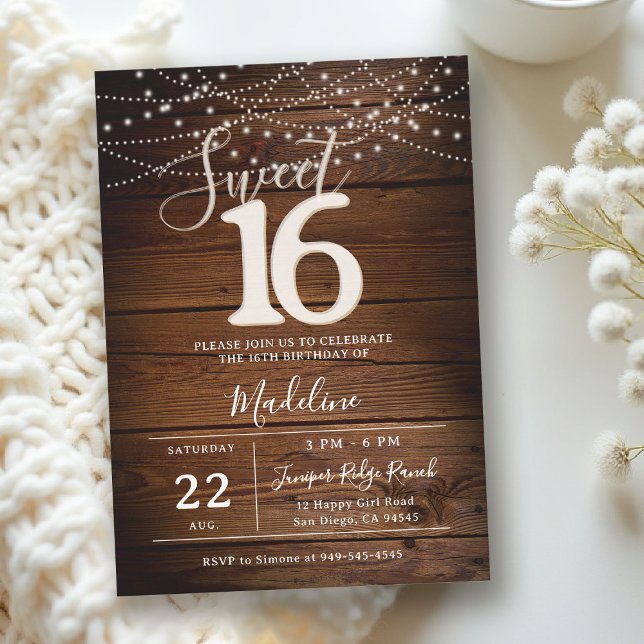 Rustic Wood String Lights Script Elegant Sweet 16 Invitation (rustic sweet 16 birthday party invitation barn wood string lights backyard outdoors)