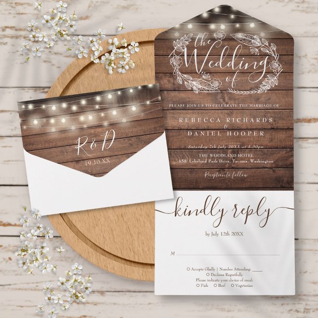 Rustic Wood String Lights Script Floral Wedding All In One Invitation (Rustic Wood String Lights Script Floral Wedding All In One Invitation)