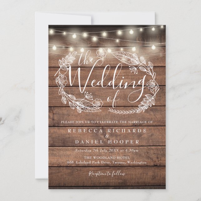 Rustic Wood String Lights Script Photo Wedding Invitation (Front)