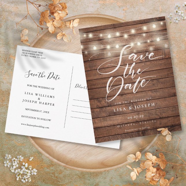 Rustic Wood String Lights Script Save the Date Postcard (Rustic Wood String Lights Script Save the Date Postcard)