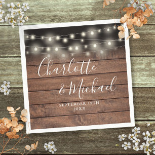 Rustic Wood String Lights Signature Script Wedding Napkin