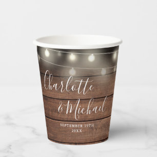 Rustic Wood String Lights Signature Script Wedding Paper Cups