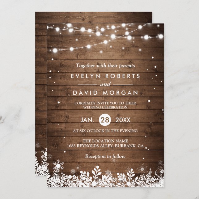 Rustic Wood String Lights Snowflake Winter Wedding Invitation (Front/Back)