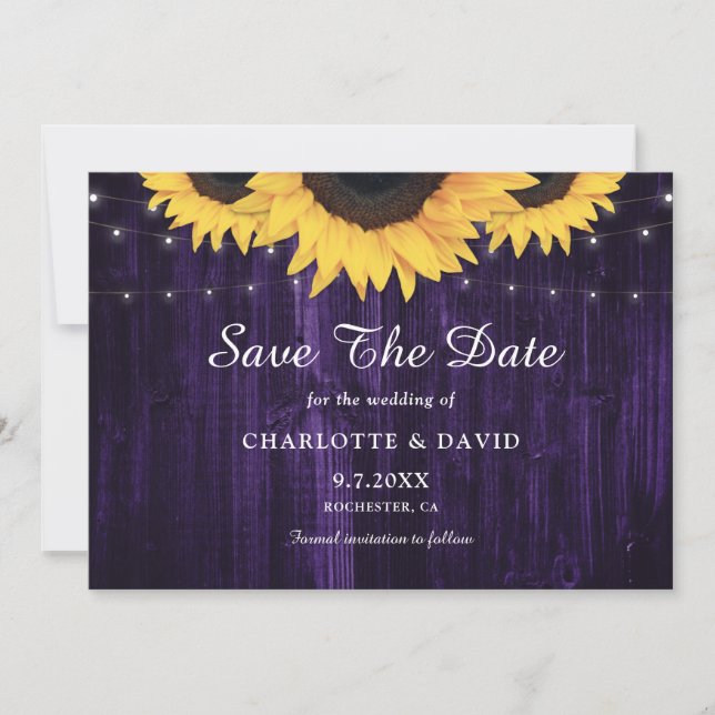 Rustic Wood String Lights Sunflower Purple Wedding Save The Date (Front)
